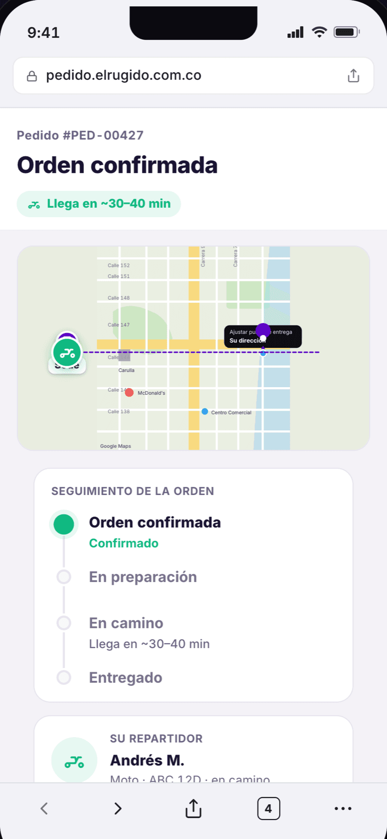 Pantalla de seguimiento de un domicilio en el mapa