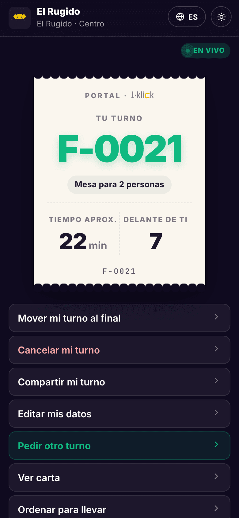 Pantalla de fila virtual: turno en espera con tiempo estimado