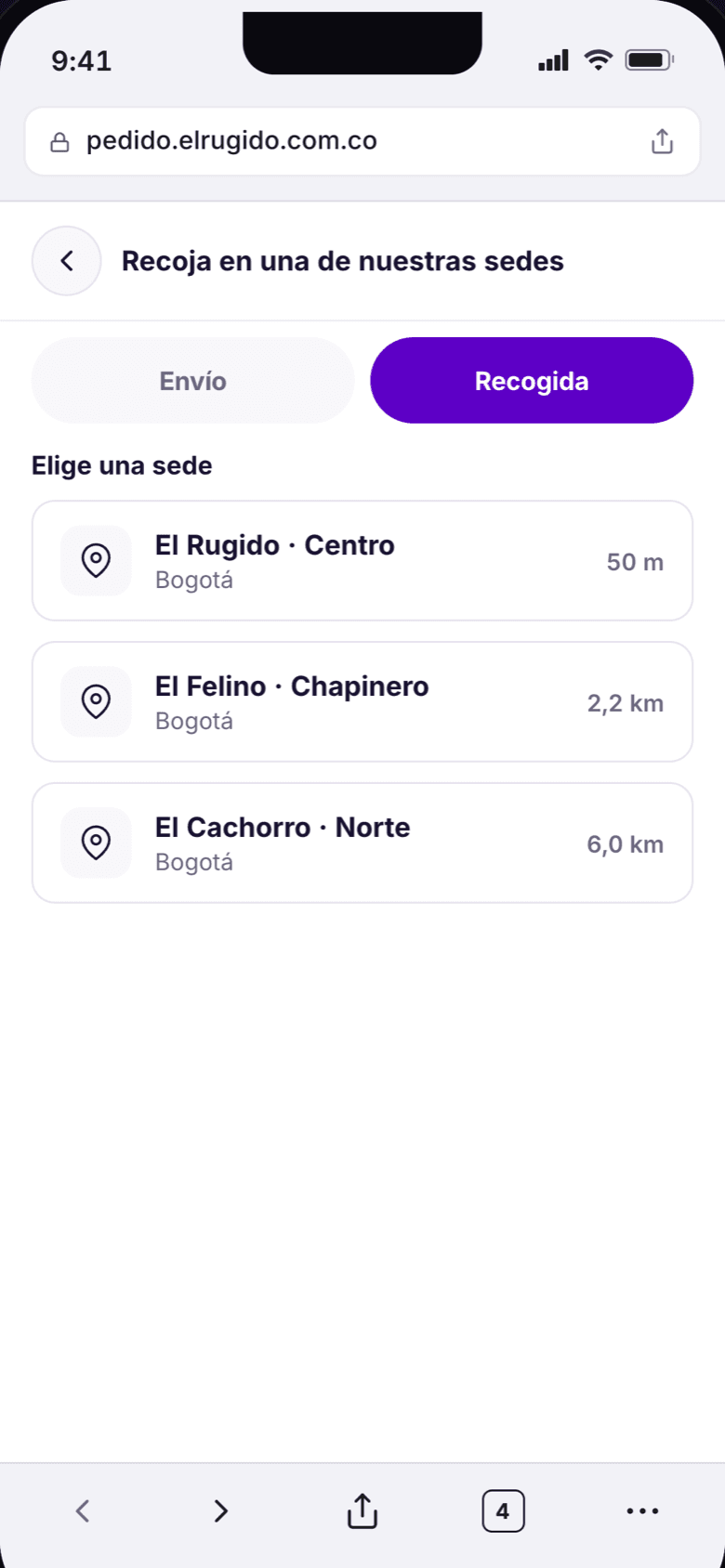 Pantalla para elegir la sede donde recoger el pedido